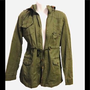 Utility Cargo Hooded Long Sleeve Zippered Jacket by New Look Army Green Medium